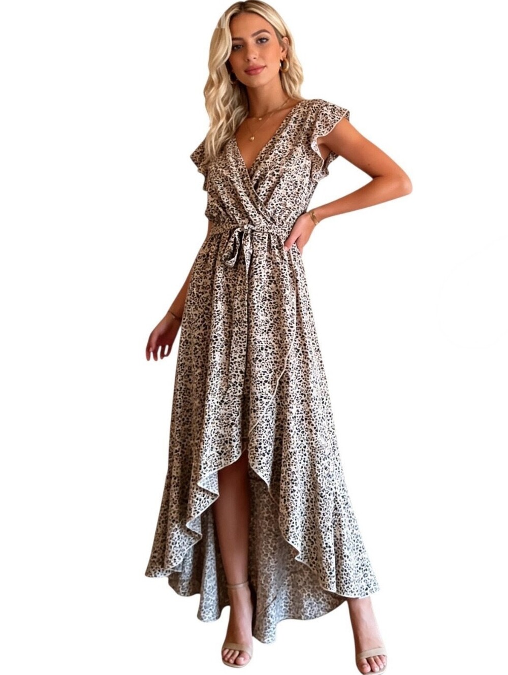 GRECELLE Dress Cream Brown Boho Ruffle Faux Wrap Belt Hi Low Hem Stretch MEDIUM